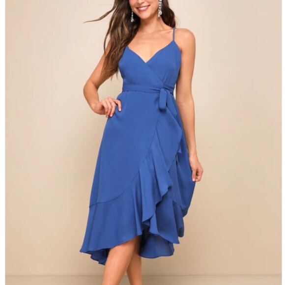 NWT Lulus Manhattan Moment Blue Ruffled Midi Wrap Dress - Picture 3 of 15